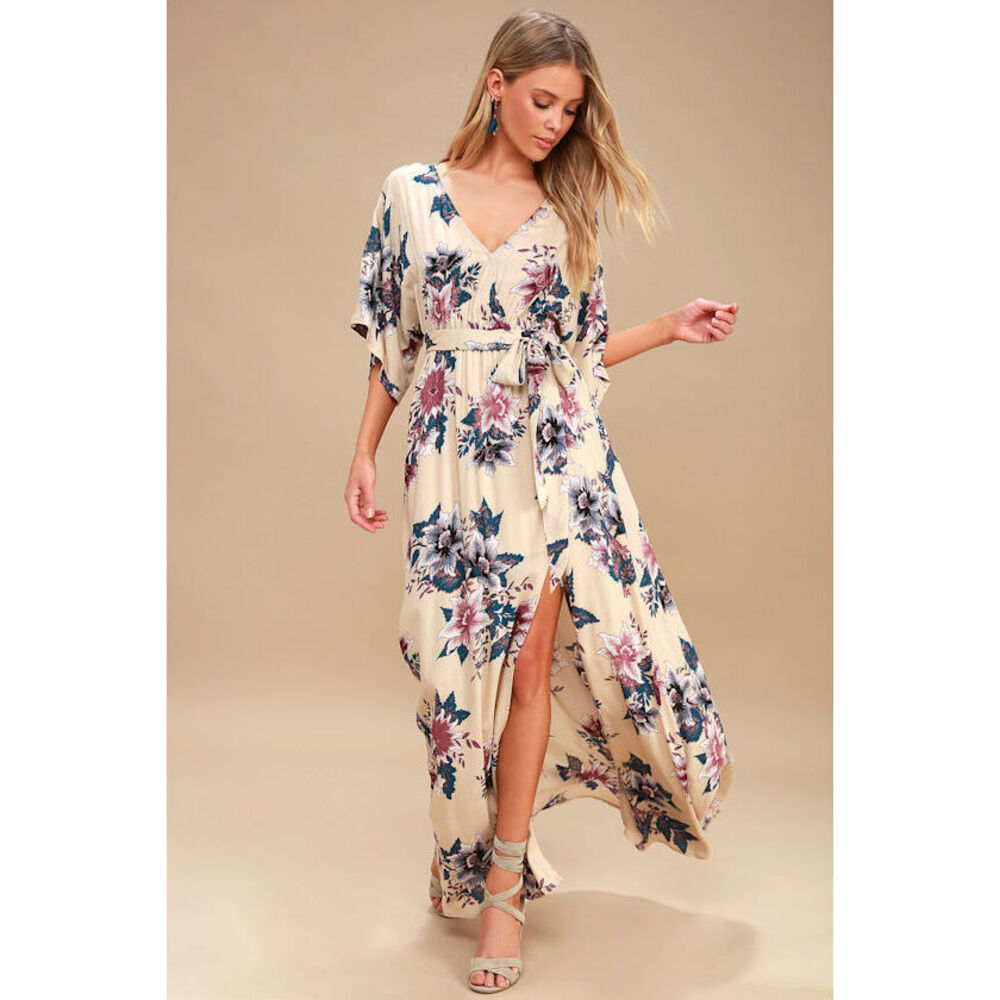 Lulus Berkshire Beige Floral Print Maxi Dress - Size Medium